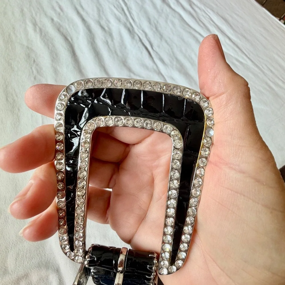 Western Faux Croc Rhinestone Buckle Belt Black Patent 99704 BP